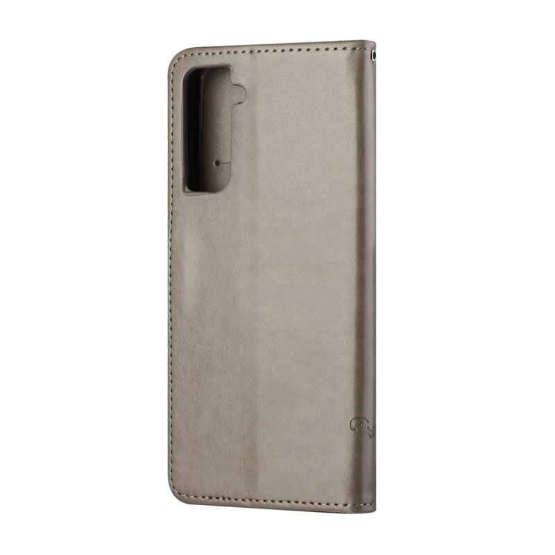 Imprint Butterfly Flowers Leather Shell for Samsung Galaxy S21 5G/S21 4G Wallet Phone Case - Grey