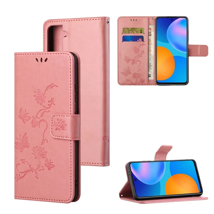 Coque portefeuille en cuir Imprint Butterfly Flowers pour Samsung Galaxy S21 5G/S21 4G - Rose