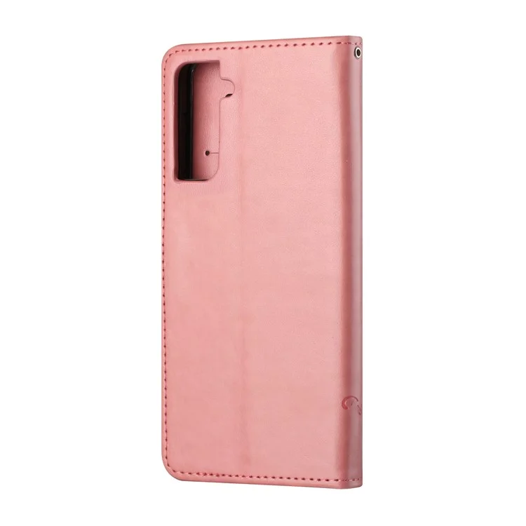 Coque portefeuille en cuir Imprint Butterfly Flowers pour Samsung Galaxy S21 5G/S21 4G - Rose