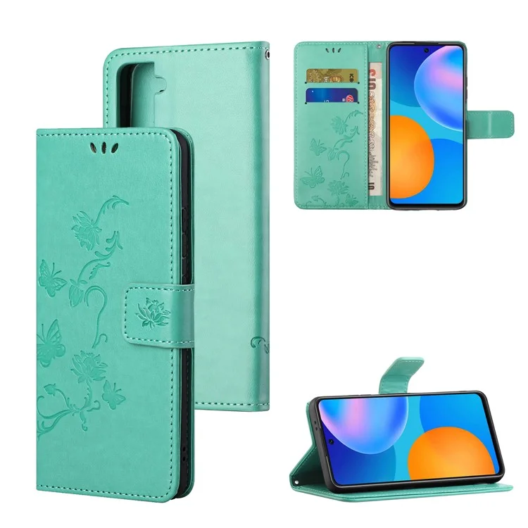 Impronta Fiori Farfalla Guscio in Pelle Per Samsung Galaxy S21 5G/S21 4G Wallet Telefono Custodia - Ciano