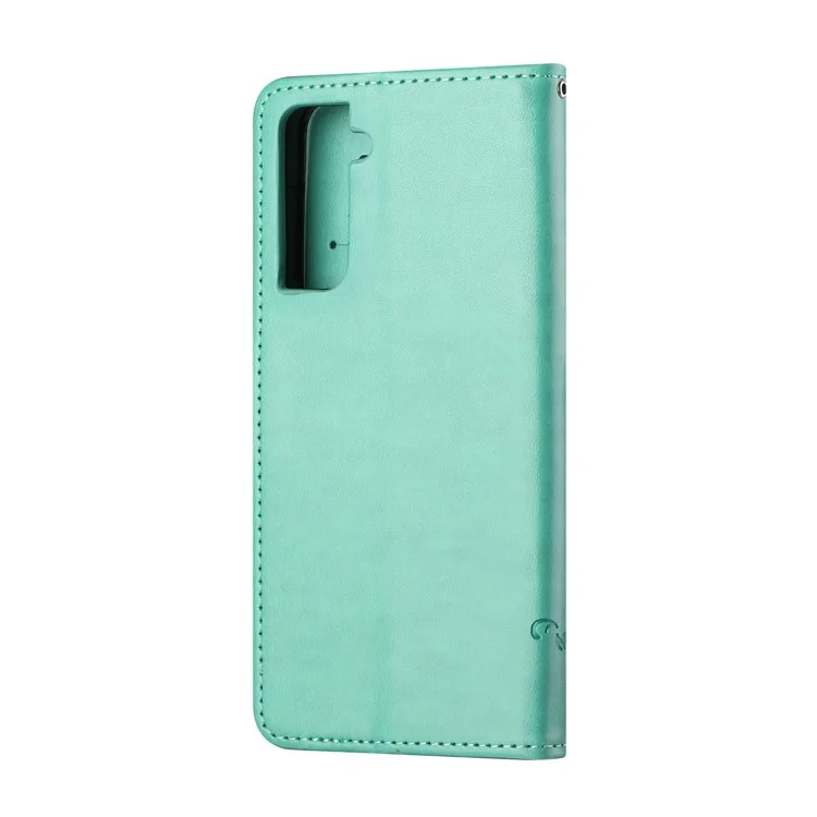 Impronta Fiori Farfalla Guscio in Pelle Per Samsung Galaxy S21 5G/S21 4G Wallet Telefono Custodia - Ciano