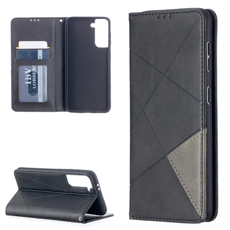 Auto-Absorbed Geometric Pattern Leather Case with Card Slots for Samsung Galaxy S21 4G / 5G - Black