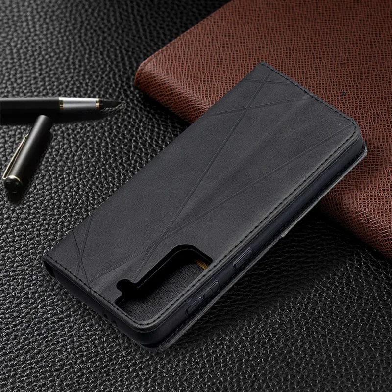 Auto-Absorbed Geometric Pattern Leather Case with Card Slots for Samsung Galaxy S21 4G / 5G - Black