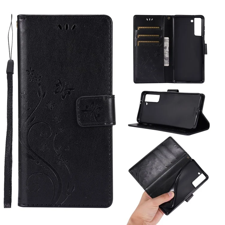 Butterfly Flower Imprinting Leather Wallet Phone Stand Case with Wrist Strap for Samsung Galaxy S21 5G/S21 4G - Black