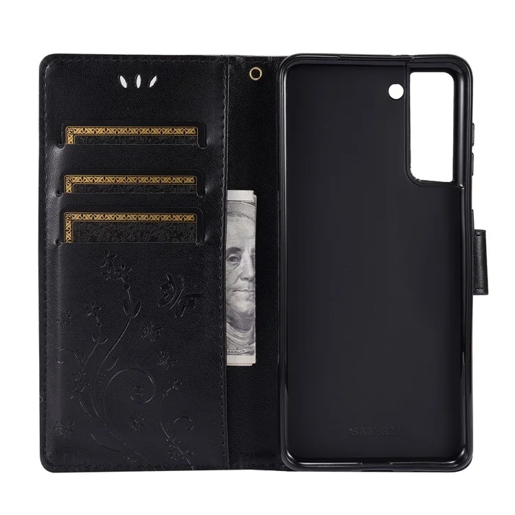 Butterfly Flower Imprimindo a Carteira de Couro Caixa de Telefone Com Pulseira Para Samsung Galaxy S21 5G/S21 4G - Preto