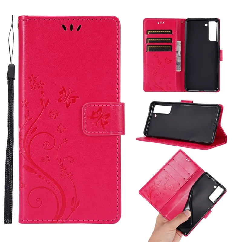 Butterfly Flower Imprinting Leather Wallet Phone Stand Case with Wrist Strap for Samsung Galaxy S21 5G/S21 4G - Red
