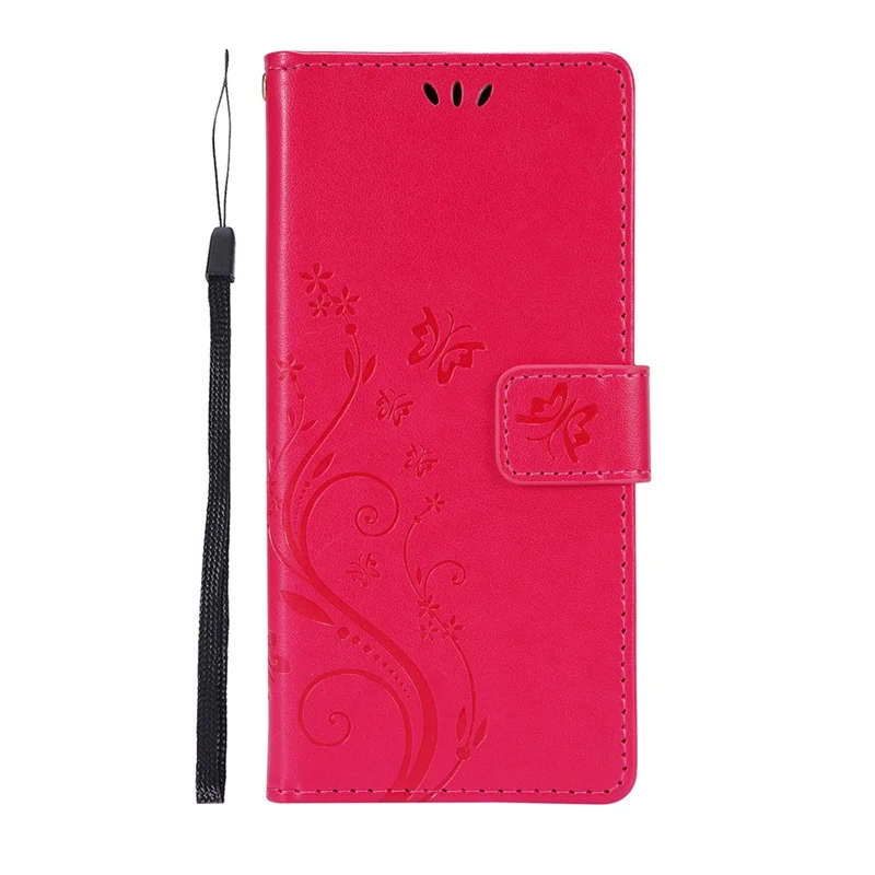 Butterfly Flower Imprinting Leather Wallet Phone Stand Case with Wrist Strap for Samsung Galaxy S21 5G/S21 4G - Red