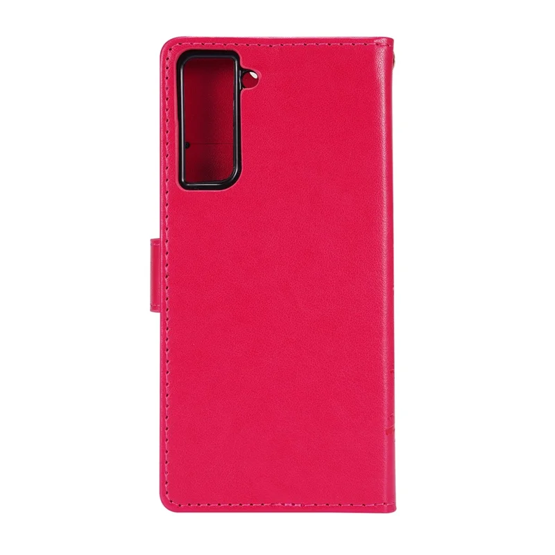Butterfly Flower Imprinting Leather Wallet Phone Stand Case with Wrist Strap for Samsung Galaxy S21 5G/S21 4G - Red