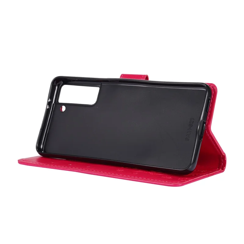 Butterfly Flower Imprinting Leather Wallet Phone Stand Case with Wrist Strap for Samsung Galaxy S21 5G/S21 4G - Red