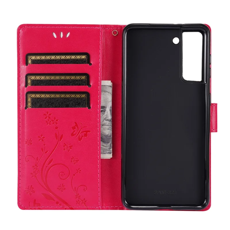 Butterfly Flower Imprinting Leather Wallet Phone Stand Case with Wrist Strap for Samsung Galaxy S21 5G/S21 4G - Red