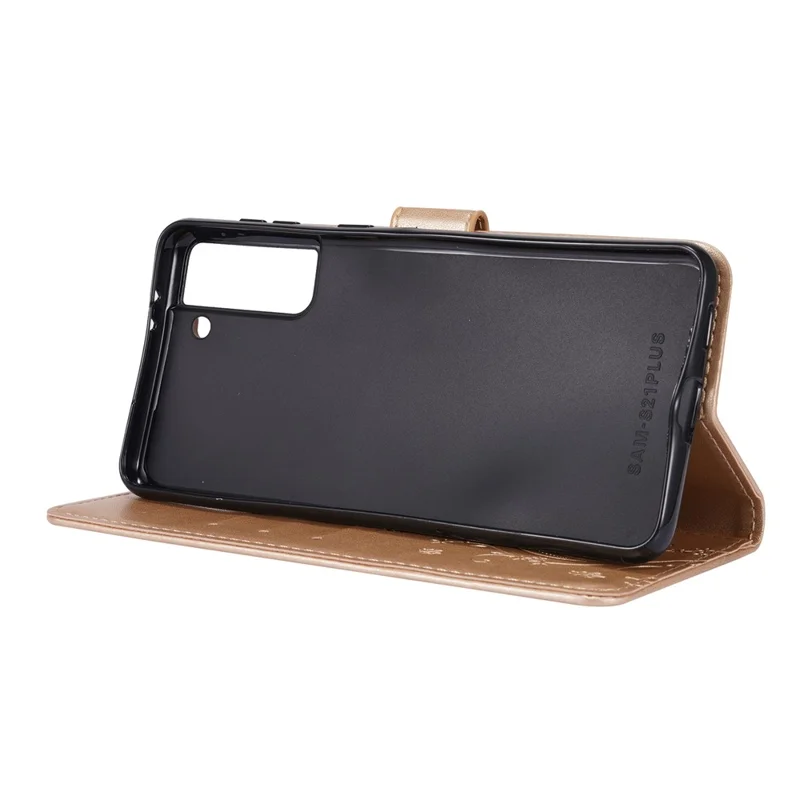 Leather Wallet Phone Case + Wrist Strap with Butterfly Flower Imprinting for Samsung Galaxy S21 Plus 5G - Gold