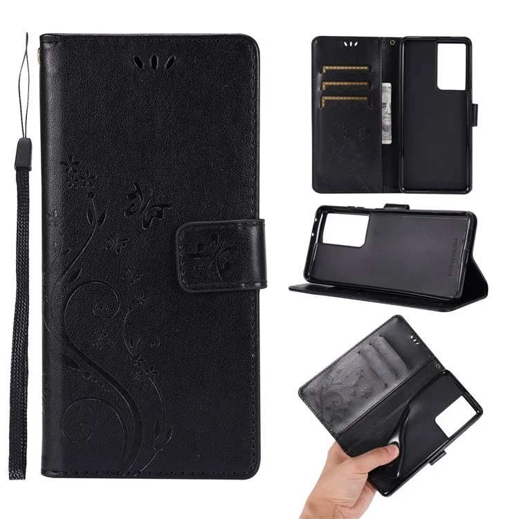 Butterfly Flower Imprinting Leather Case with Wrist Strap for Samsung Galaxy S21 Ultra 5G - Black