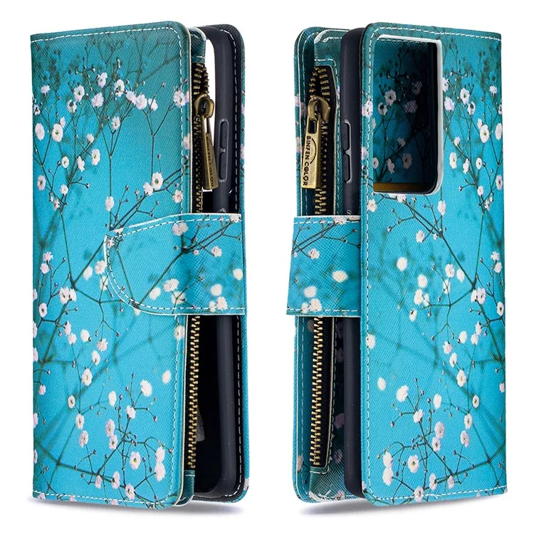 Capa De Couro Do Suporte Da Carteira Do Zíper Do Teste Padrão Para Samsung Galaxy S21 Ultra 5G - Flor De Ameixa