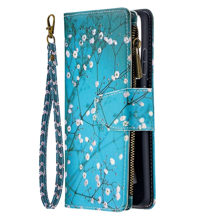 Capa De Couro Do Suporte Da Carteira Do Zíper Do Teste Padrão Para Samsung Galaxy S21 Ultra 5G - Flor De Ameixa