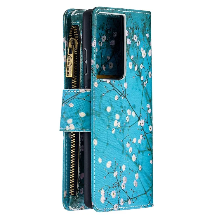 Capa De Couro Do Suporte Da Carteira Do Zíper Do Teste Padrão Para Samsung Galaxy S21 Ultra 5G - Flor De Ameixa