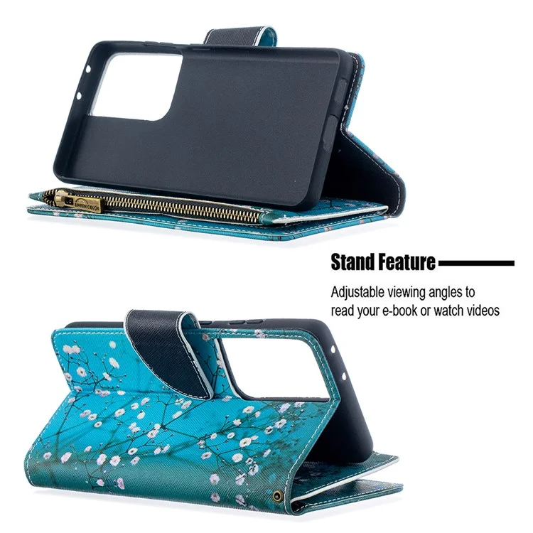 Capa De Couro Do Suporte Da Carteira Do Zíper Do Teste Padrão Para Samsung Galaxy S21 Ultra 5G - Flor De Ameixa