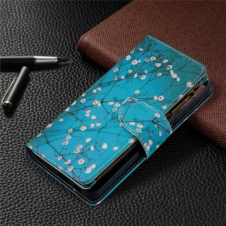 Capa De Couro Do Suporte Da Carteira Do Zíper Do Teste Padrão Para Samsung Galaxy S21 Ultra 5G - Flor De Ameixa