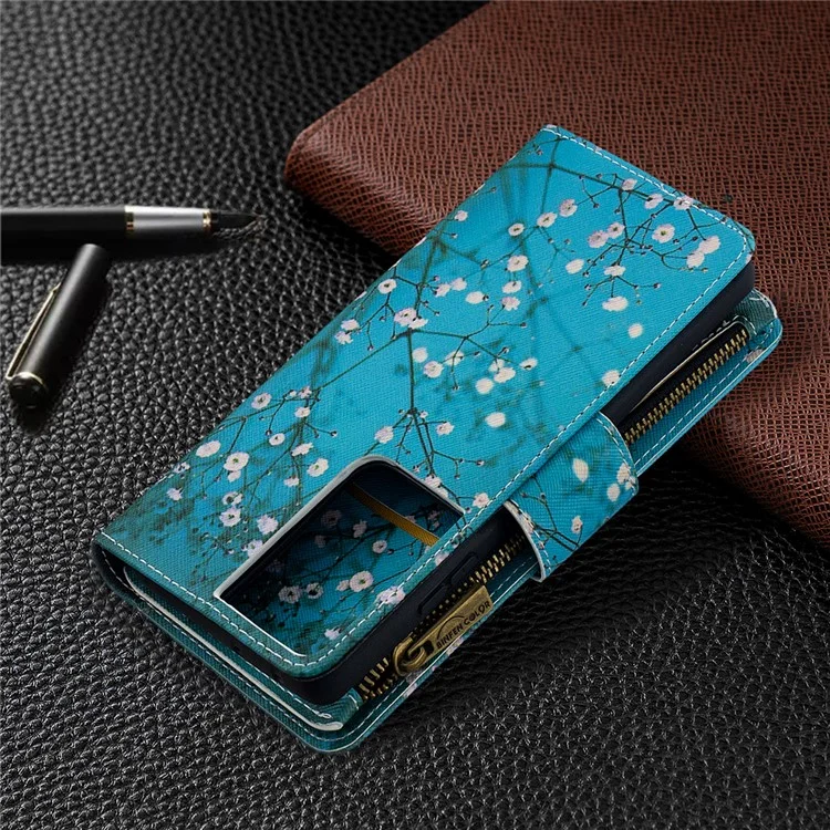 Capa De Couro Do Suporte Da Carteira Do Zíper Do Teste Padrão Para Samsung Galaxy S21 Ultra 5G - Flor De Ameixa