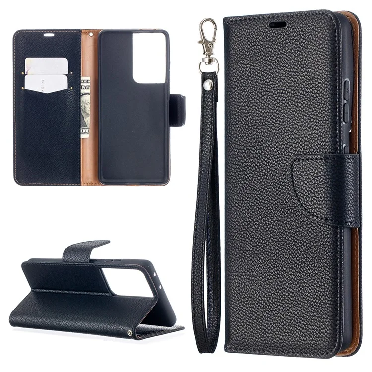 Litchi Skin Wallet Leather Stand Cover Case for Samsung Galaxy S21 Ultra 5G - Black