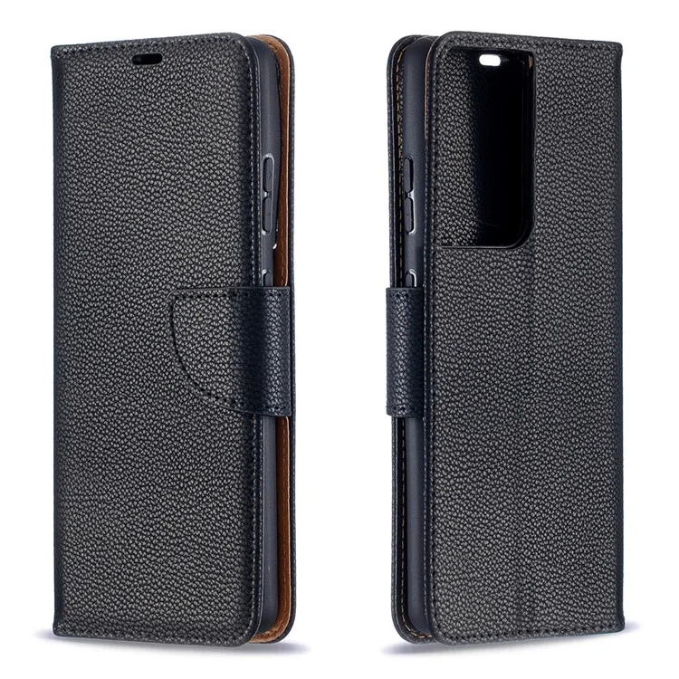 Litchi Skin Cartlet Leather Stand Case Para Samsung Galaxy S21 Ultra 5G - Preto