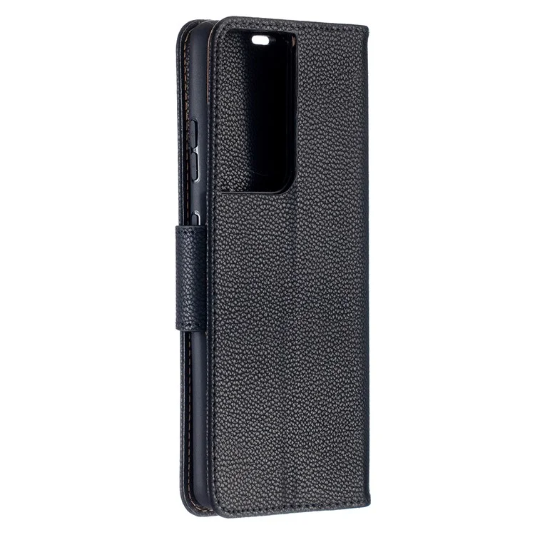 Litchi Skin Wallet Leather Stand Cover Case for Samsung Galaxy S21 Ultra 5G - Black