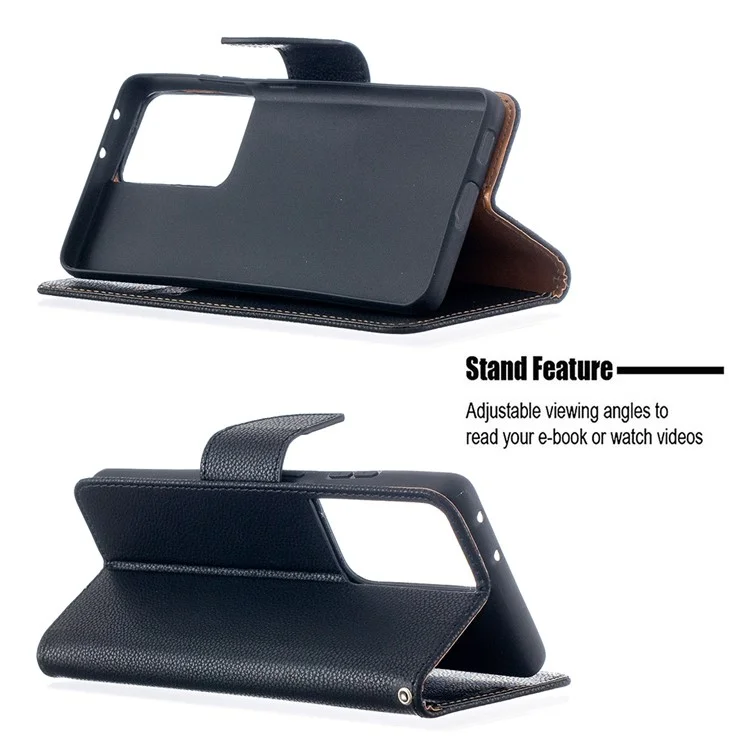 Litchi Skin Cartlet Leather Stand Case Para Samsung Galaxy S21 Ultra 5G - Preto