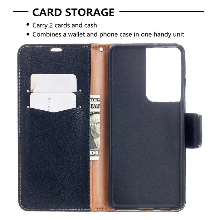 Litchi Skin Cartlet Leather Stand Case Para Samsung Galaxy S21 Ultra 5G - Preto