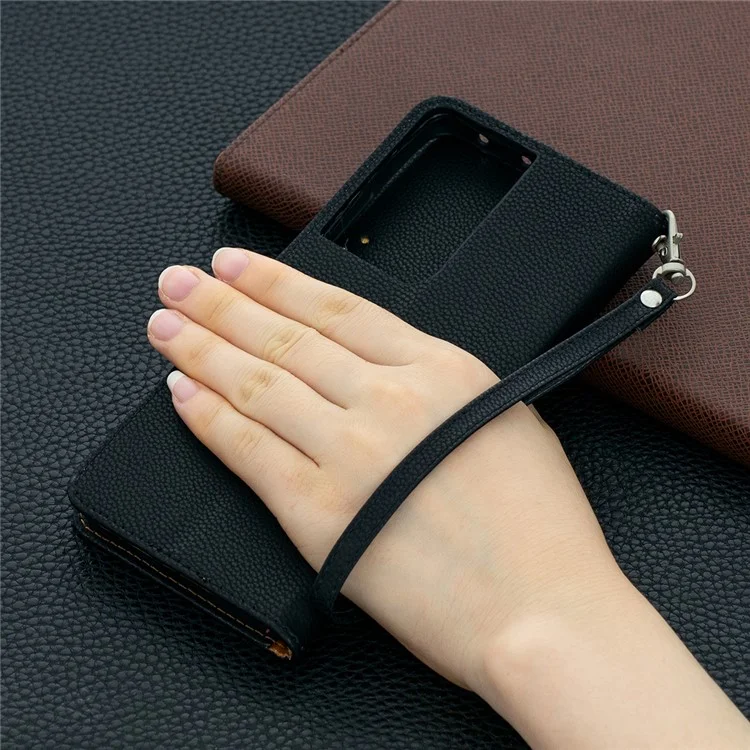 Litchi Skin Cartlet Leather Stand Case Para Samsung Galaxy S21 Ultra 5G - Preto