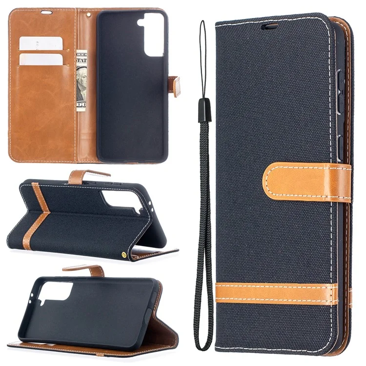 Farbe Spleißen Jeans Tuch Haut Für Samsung Galaxy S21 + 5G Wallet Leder Handy Cover Case - Schwarz
