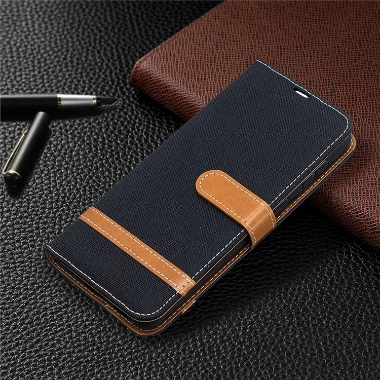 Farbe Spleißen Jeans Tuch Haut Für Samsung Galaxy S21 + 5G Wallet Leder Handy Cover Case - Schwarz