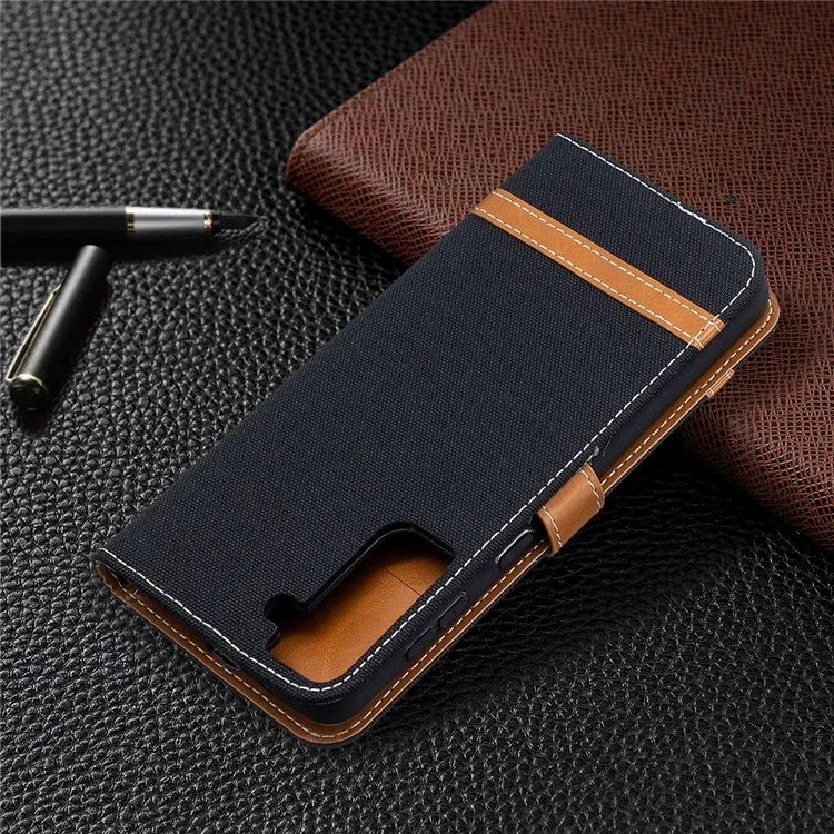 Farbe Spleißen Jeans Tuch Haut Für Samsung Galaxy S21 + 5G Wallet Leder Handy Cover Case - Schwarz