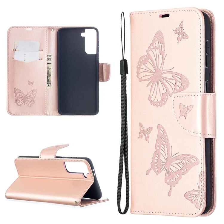 Imprint Butterflies Pattern Wallet Stand Leather Phone Cover pour Samsung Galaxy S21+ 5G - Or