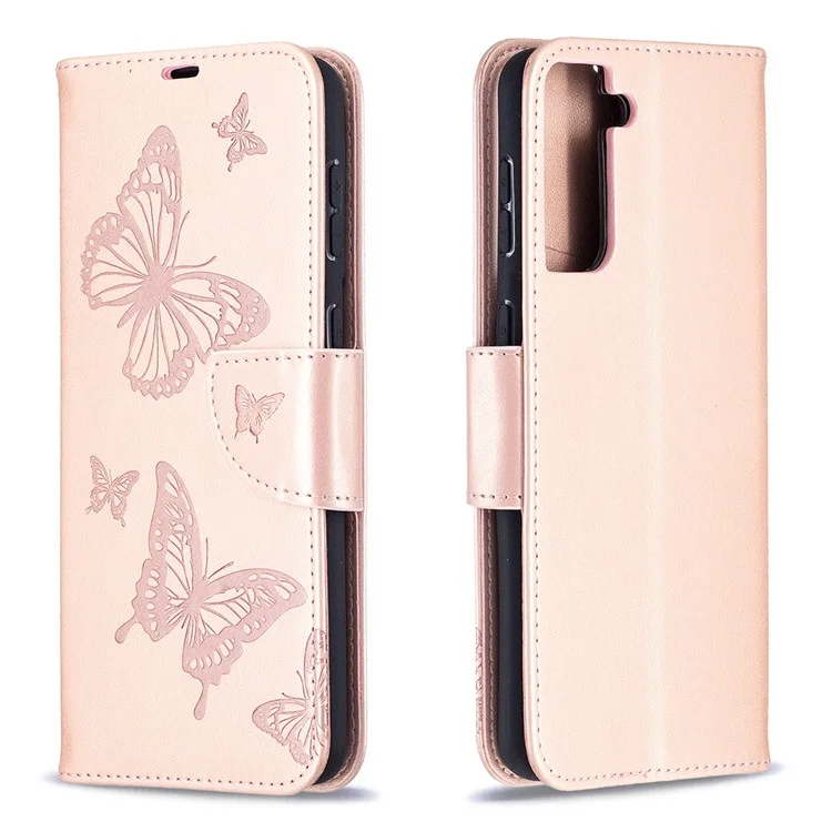 Imprint Butterflies Pattern Wallet Stand Leather Phone Cover pour Samsung Galaxy S21+ 5G - Or
