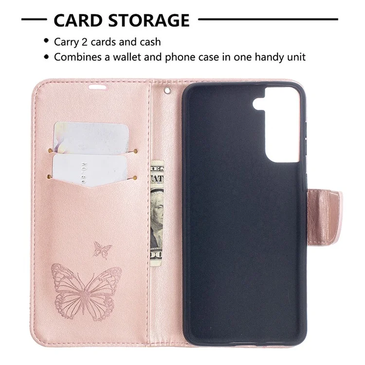Imprint Butterflies Pattern Wallet Stand Leather Phone Cover pour Samsung Galaxy S21+ 5G - Or