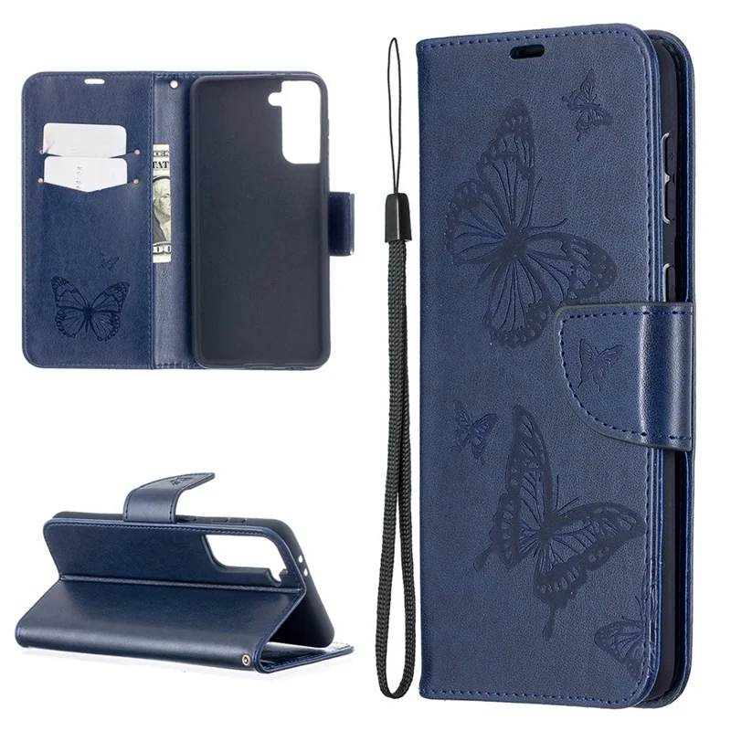 Imprint Butterflies Pattern Wallet Stand Leather Phone Cover for Samsung Galaxy S21+ 5G - Dark Blue