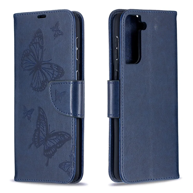 Imprint Butterflies Pattern Wallet Stand Leather Phone Cover for Samsung Galaxy S21+ 5G - Dark Blue