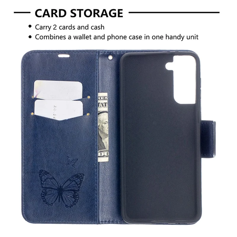 Imprint Butterflies Pattern Wallet Stand Leather Phone Cover for Samsung Galaxy S21+ 5G - Dark Blue