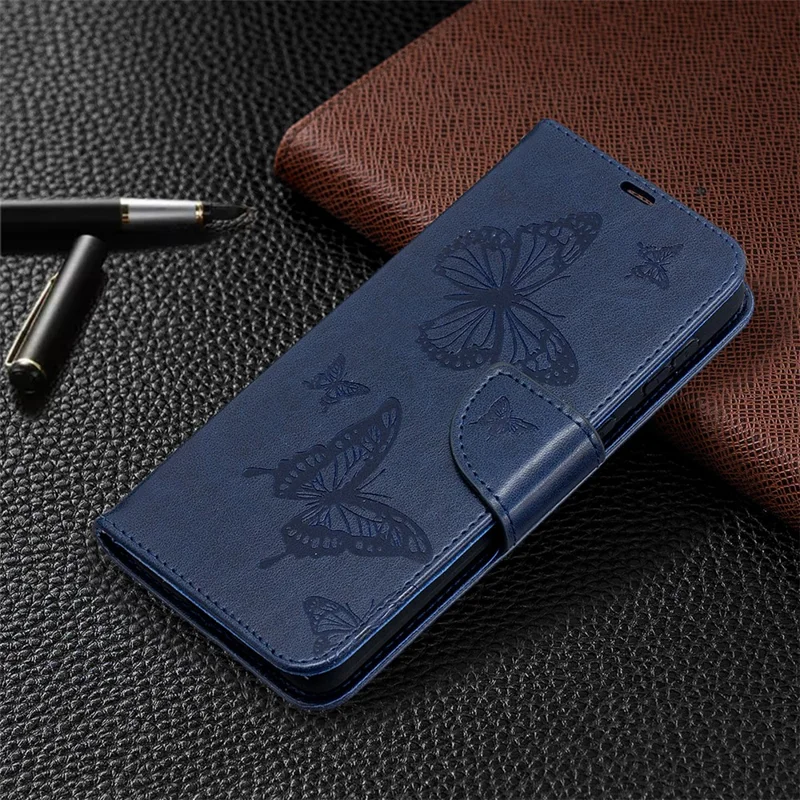 Imprint Butterflies Pattern Wallet Stand Leather Phone Cover for Samsung Galaxy S21+ 5G - Dark Blue