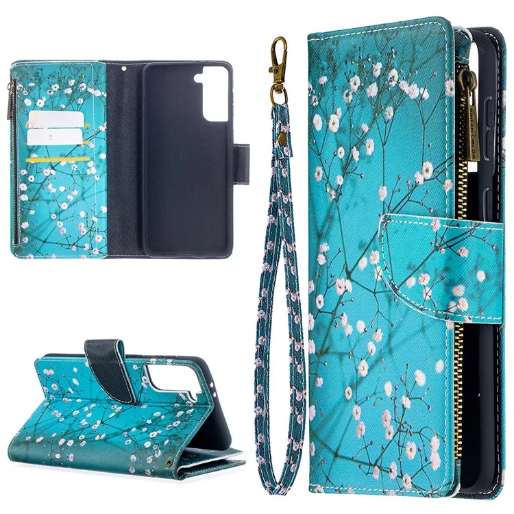 BF03 Pattern Printing Leather Phone Shell with Zipper Pocket Wallet for Samsung Galaxy S21+ 5G - Plum Blossom