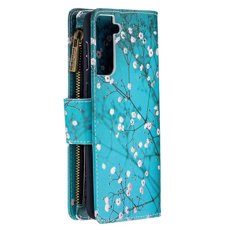 BF03 Pattern Printing Leather Phone Shell with Zipper Pocket Wallet for Samsung Galaxy S21+ 5G - Plum Blossom