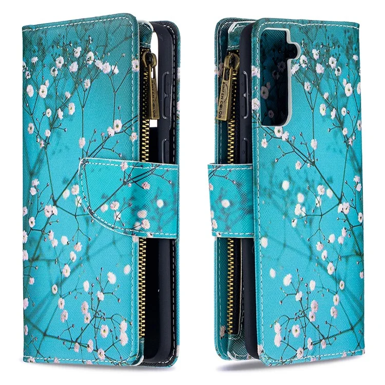 BF03 Pattern Printing Leather Phone Shell with Zipper Pocket Wallet for Samsung Galaxy S21+ 5G - Plum Blossom