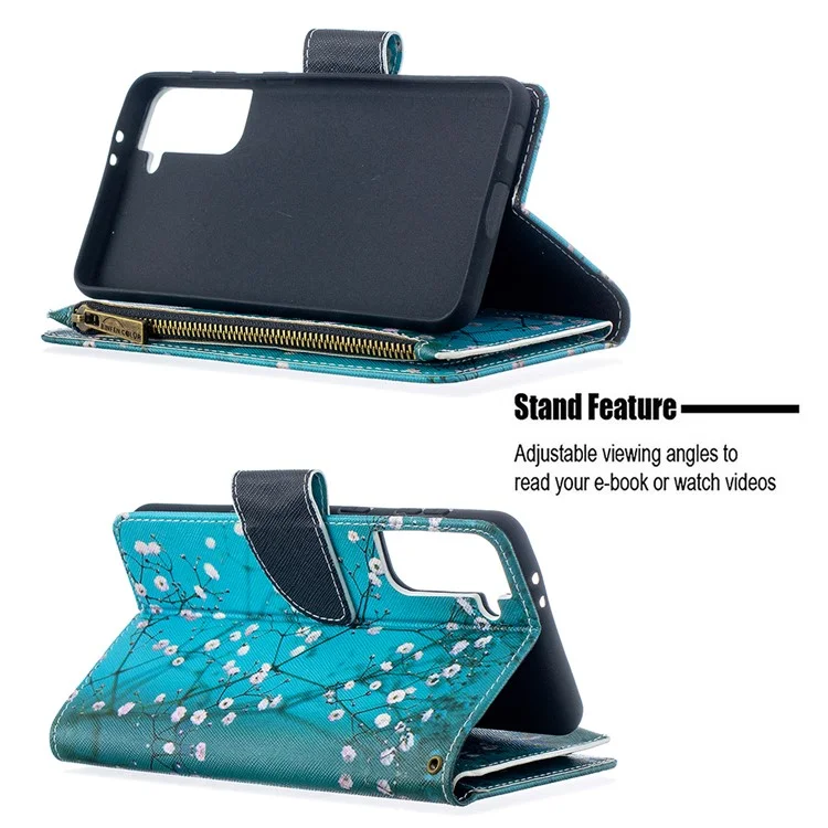 BF03 Pattern Printing Leather Phone Shell with Zipper Pocket Wallet for Samsung Galaxy S21+ 5G - Plum Blossom