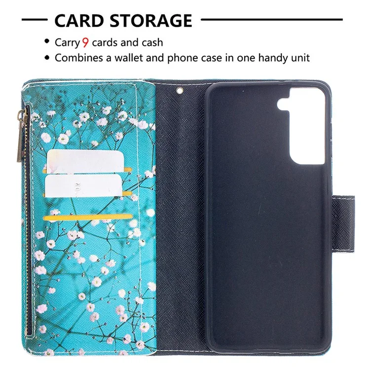 BF03 Pattern Printing Leather Phone Shell with Zipper Pocket Wallet for Samsung Galaxy S21+ 5G - Plum Blossom