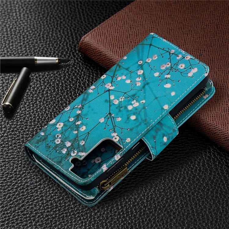 BF03 Pattern Printing Leather Phone Shell with Zipper Pocket Wallet for Samsung Galaxy S21+ 5G - Plum Blossom