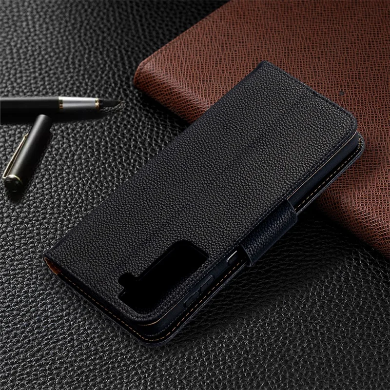 Futera z portfelem z fakturą skóry z teksturą lichańczyka do Samsung Galaxy S21+ 5G - Czarny
