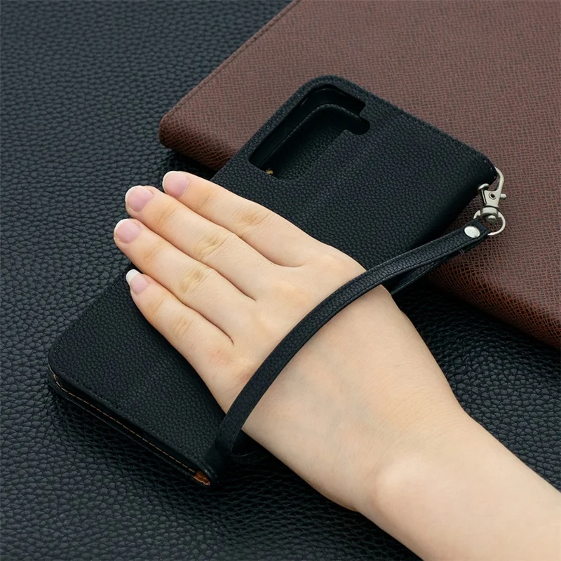 Futera z portfelem z fakturą skóry z teksturą lichańczyka do Samsung Galaxy S21+ 5G - Czarny