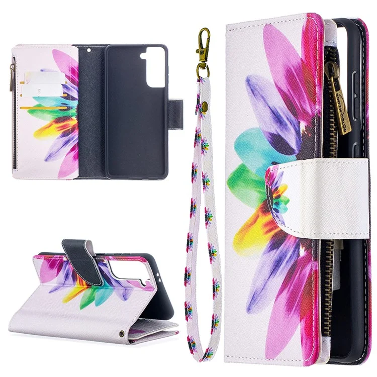 BF03 Pattern Printing Leather Phone Shell with Zipper Pocket Wallet for Samsung Galaxy S21 5G / S21 4G - Colorful Petals