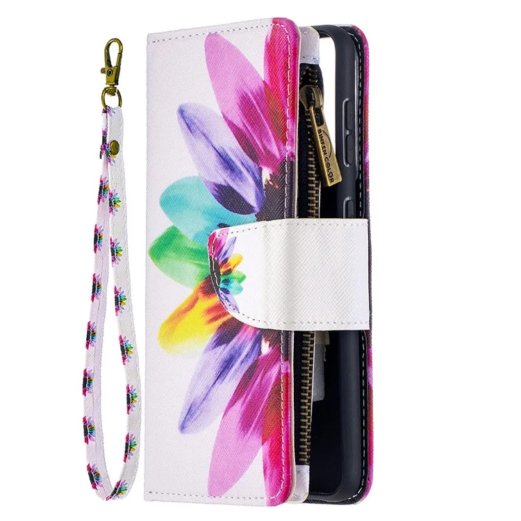 BF03 Pattern Printing Leather Phone Shell with Zipper Pocket Wallet for Samsung Galaxy S21 5G / S21 4G - Colorful Petals