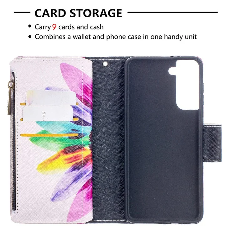 BF03 Pattern Printing Leather Phone Shell with Zipper Pocket Wallet for Samsung Galaxy S21 5G / S21 4G - Colorful Petals