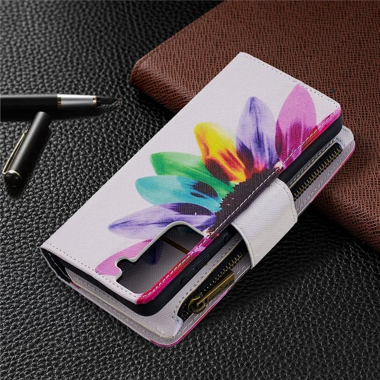 BF03 Pattern Printing Leather Phone Shell with Zipper Pocket Wallet for Samsung Galaxy S21 5G / S21 4G - Colorful Petals